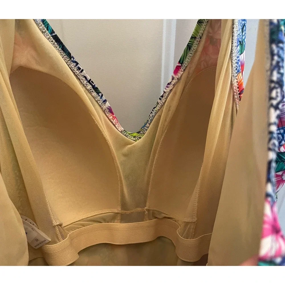 Swimsuits For All Floral Geometric One Piece Swimsuit Blue Pink Womens 34